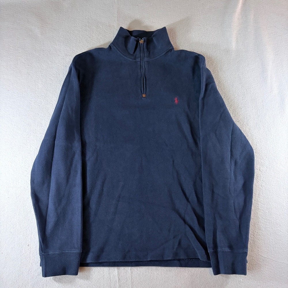 Polo Ralph Lauren Mens Large Navy Blue 100% Cotton Quarter Zip Pullover Sweater